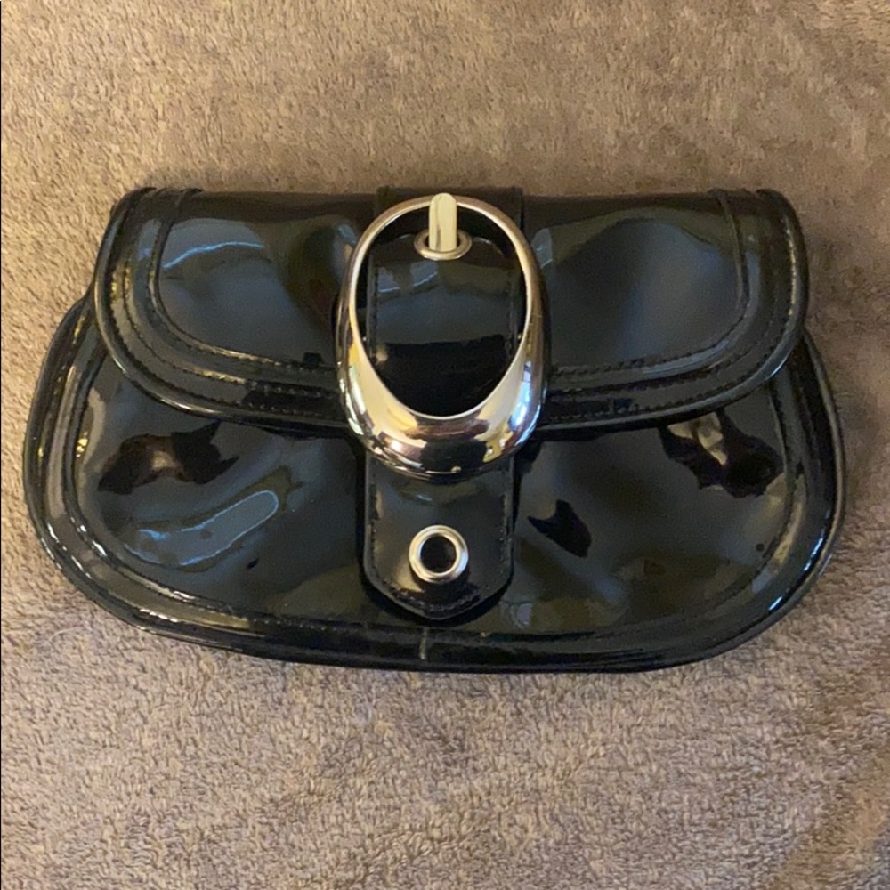 Black patent buckle clutch